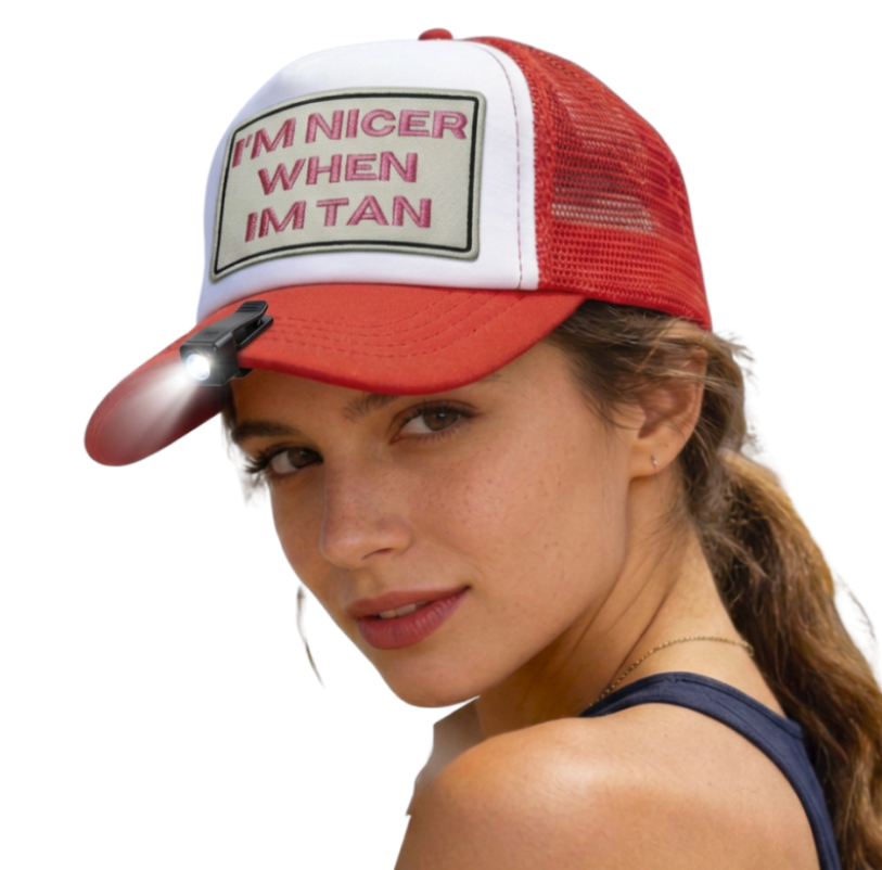 GlowSet “I’m Nicer When I’m Tan” Trucker Hat + LED Clip-On Light Bundle