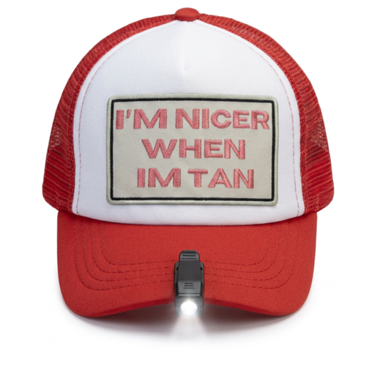 GlowSet “I’m Nicer When I’m Tan” Trucker Hat + LED Clip-On Light Bundle